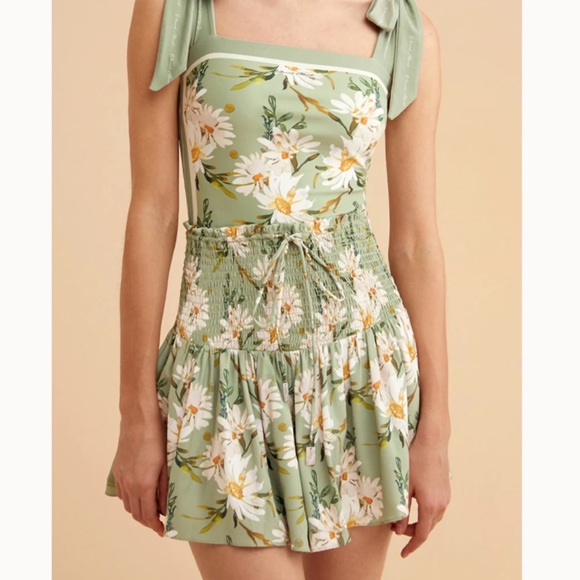 Retro Pale Green Floral Shirred High Waist Drawstring Beach Skirt - Picture 1 of 16